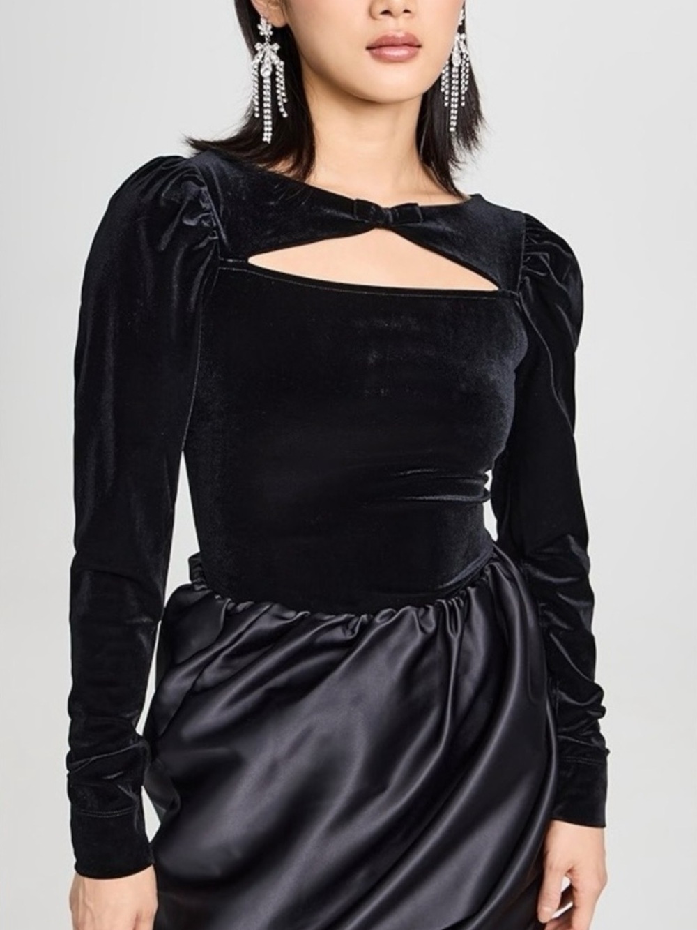 NWOT Ganni Black Velvet Long-Sleeve Cutout & Bow Detail Bodysuit Sz EU 40 / US 8